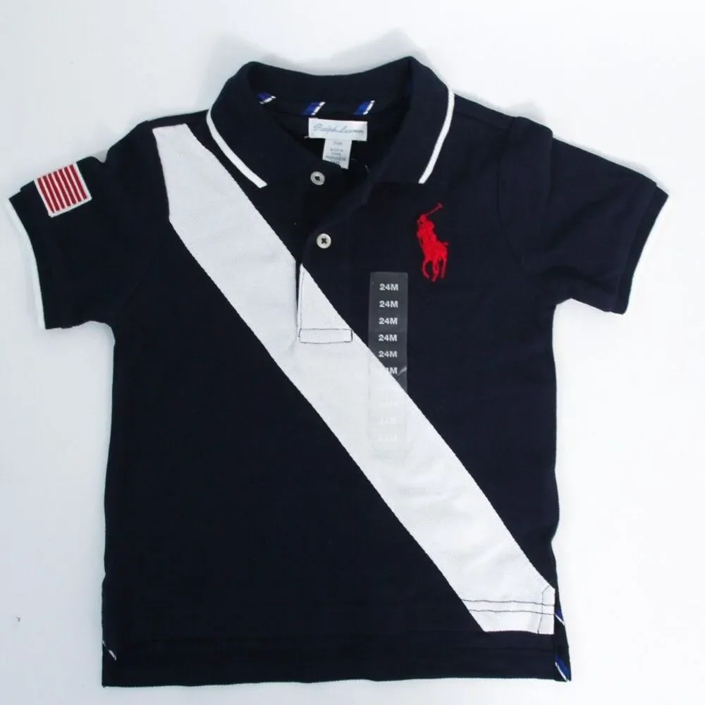Polo Ralph Lauren Boys Polo Shirt 24M Navy Blue Diagonal Sash USA Flag NWOT